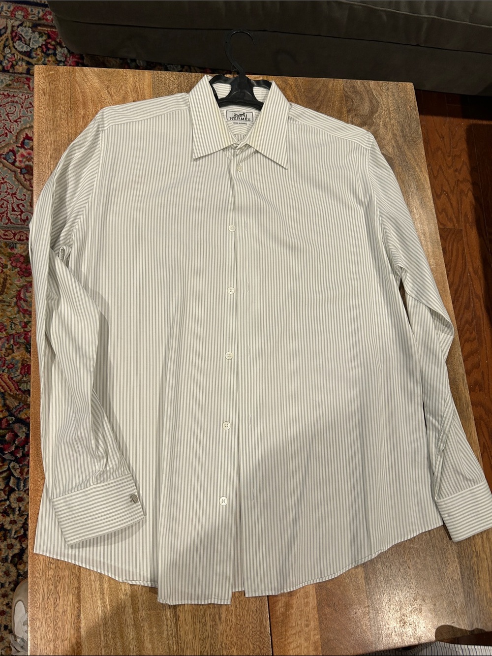 Hermes White Dress Shirt with Light Gray Pinstripes